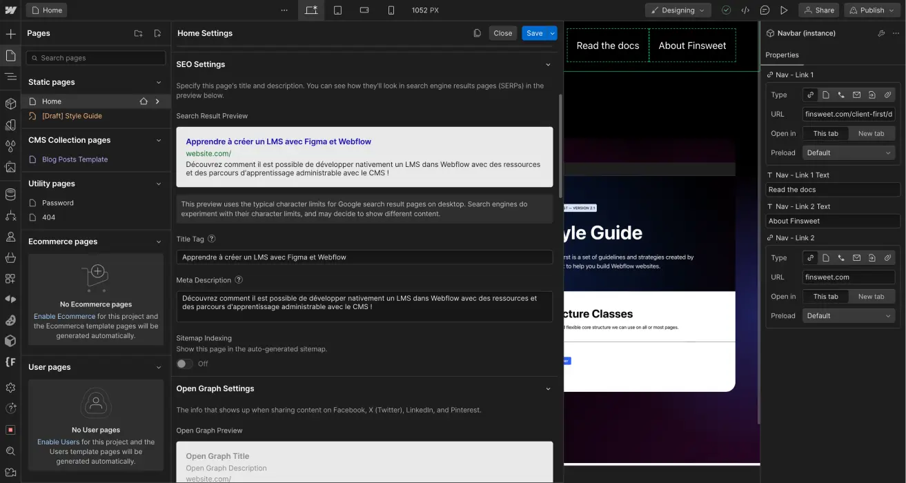 Écran des paramètres SEO de Webflow par page