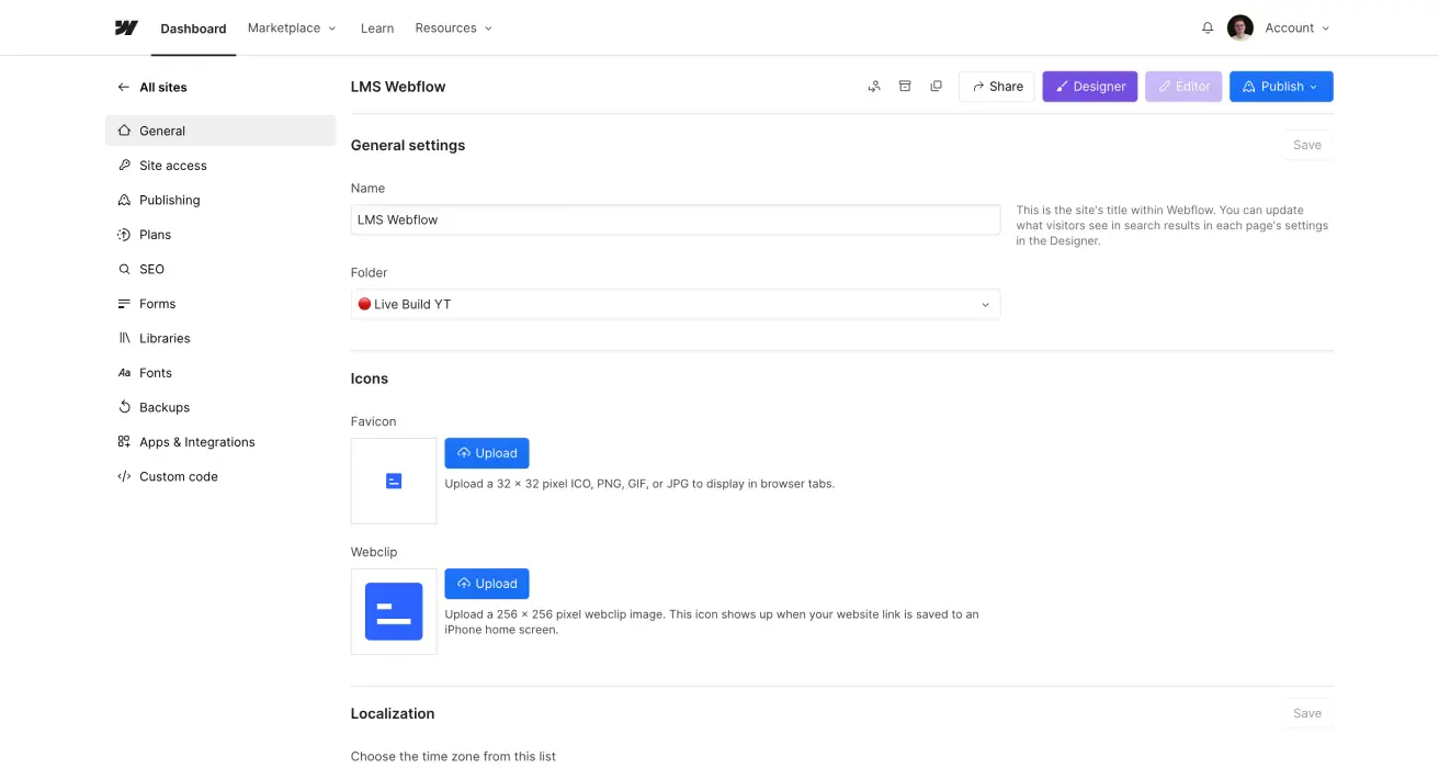 Écran des paramètres généraux de Webflow
