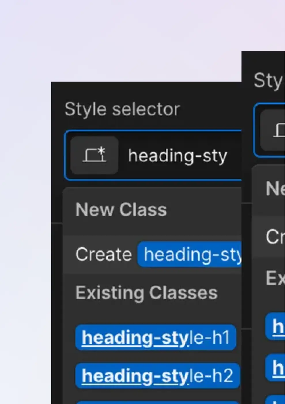 Capture d'écran des panneaux de styles dans Webflow
