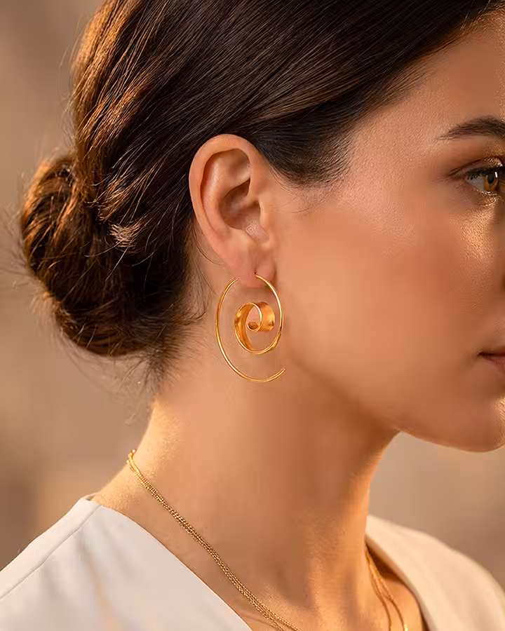 Pendientes Aro Espiral en Oro Mate, foto puesta - Joyería Cayou