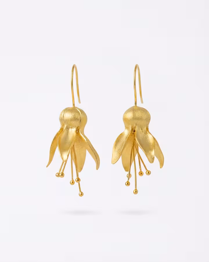 Pendientes de flor de campana en oro mate, foto de producto - Joyería Cayou