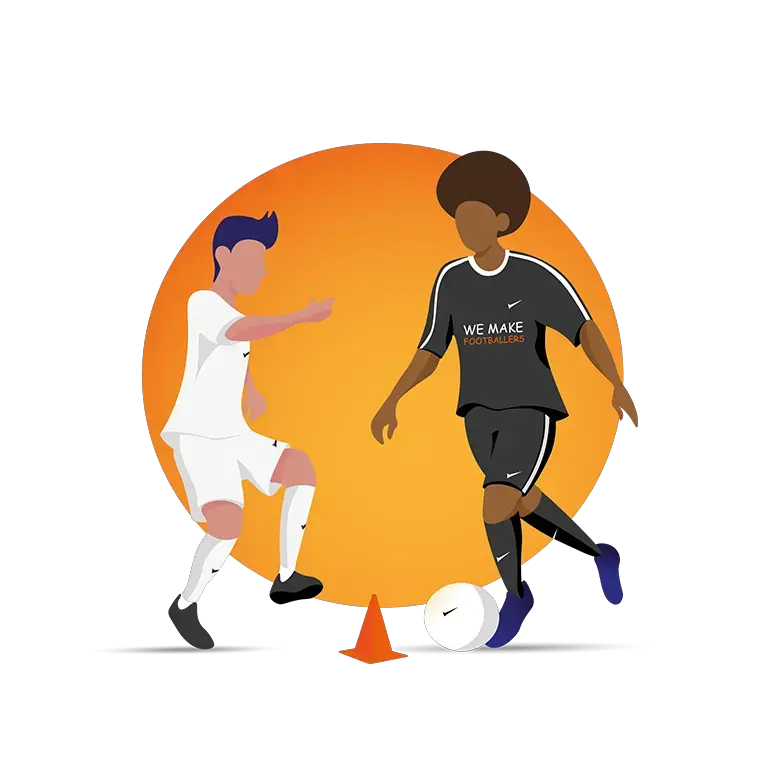 A We Make Footballers coach demonstrating a soccer move to a young player in front of an orange backdrop.