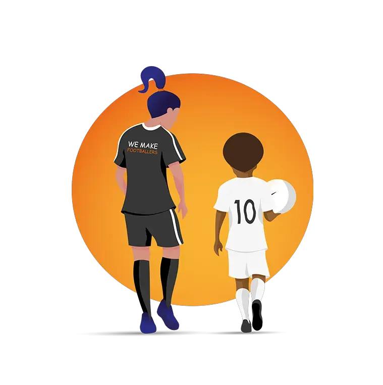 A We Make Footballers coach walking with a young player holding a ball, symbolising guidance and encouragement.