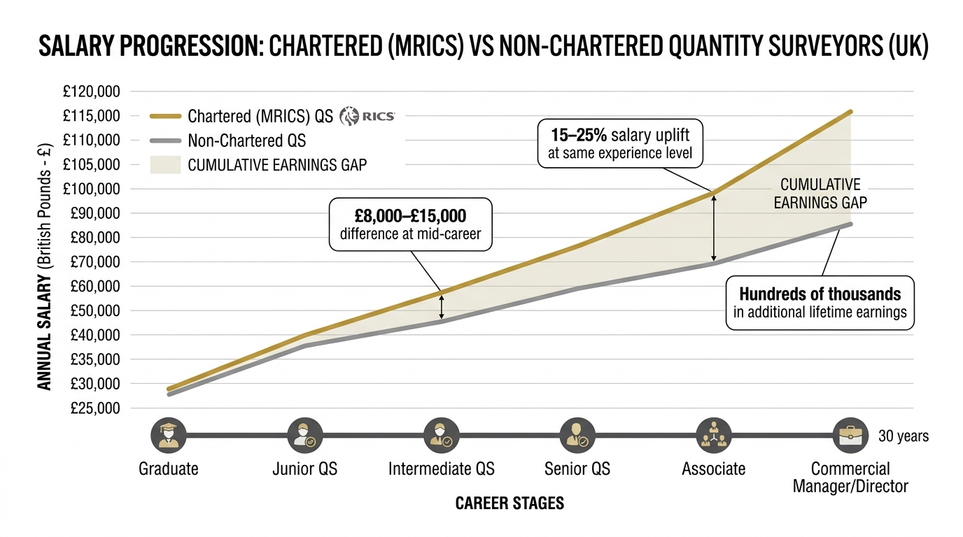 Comparison graphic: chartered vs non-chartered QS salary progression over a career timeline