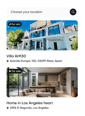 Mobile property search interface showing luxury Costa Blanca villas - Villa AH130 for rent in Altea and Villa Calpe 2501 for sale with sea views