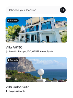 Mobile property search interface showing luxury Costa Blanca villas - Villa AH130 for rent in Altea and Villa Calpe 2501 for sale with sea views
