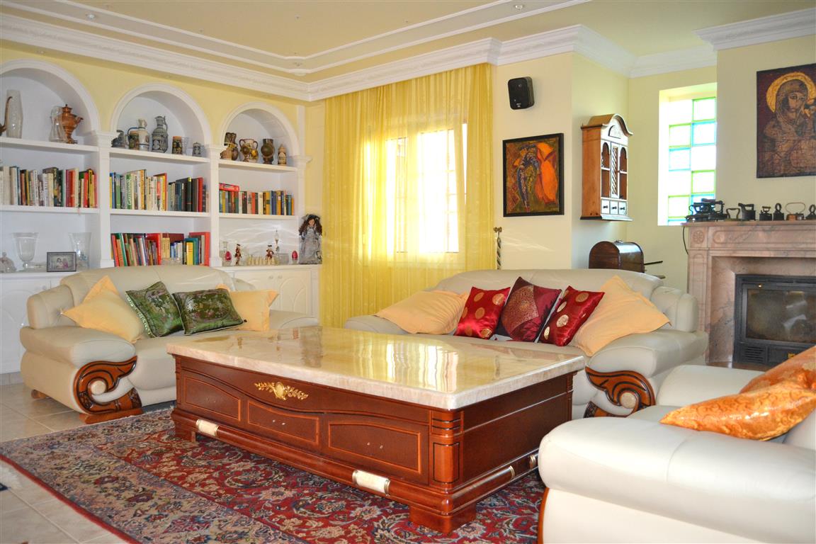 Classic style living room featuring a cozy fireplace and a built-in library.