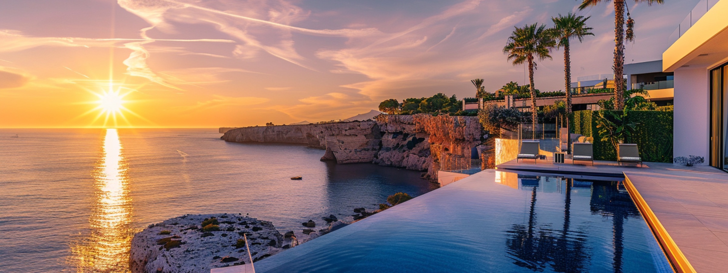 Luxury villa in Costa Blanca overlooking the Mediterranean Sea at sunset, with infinity pool and modern architecture.