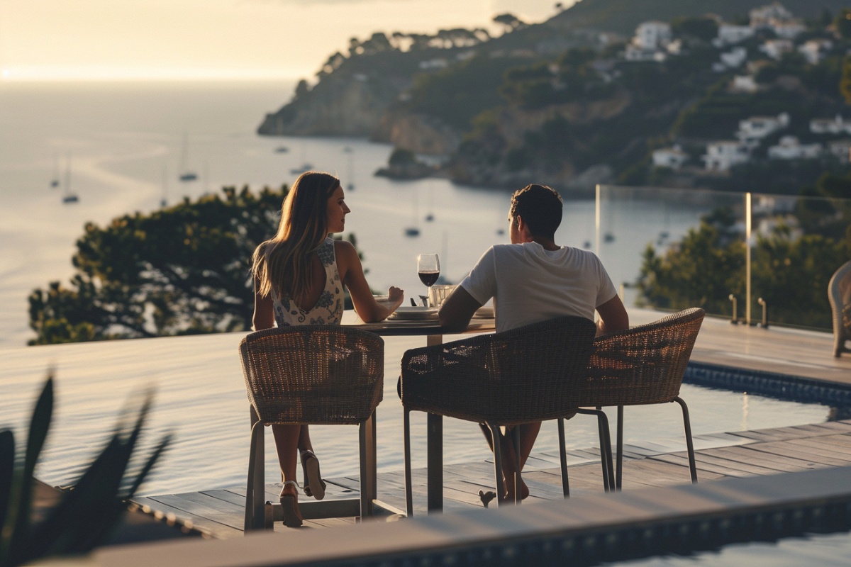 International couple enjoying wine on a terrace with panoramic sea views in Moraira, Costa Blanca.