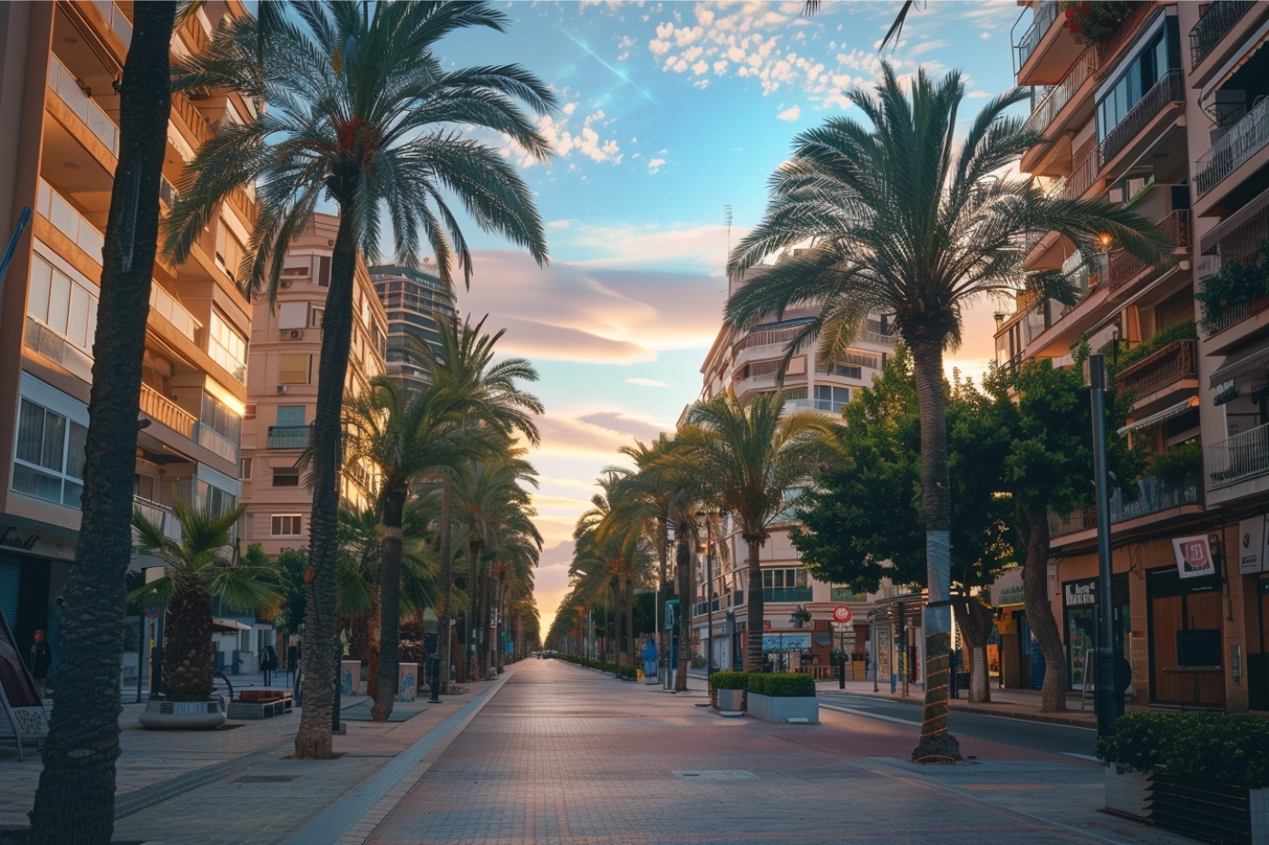 Modern residential buildings in Alicante city with 'for rent' signs and busy urban street activity in 2025.