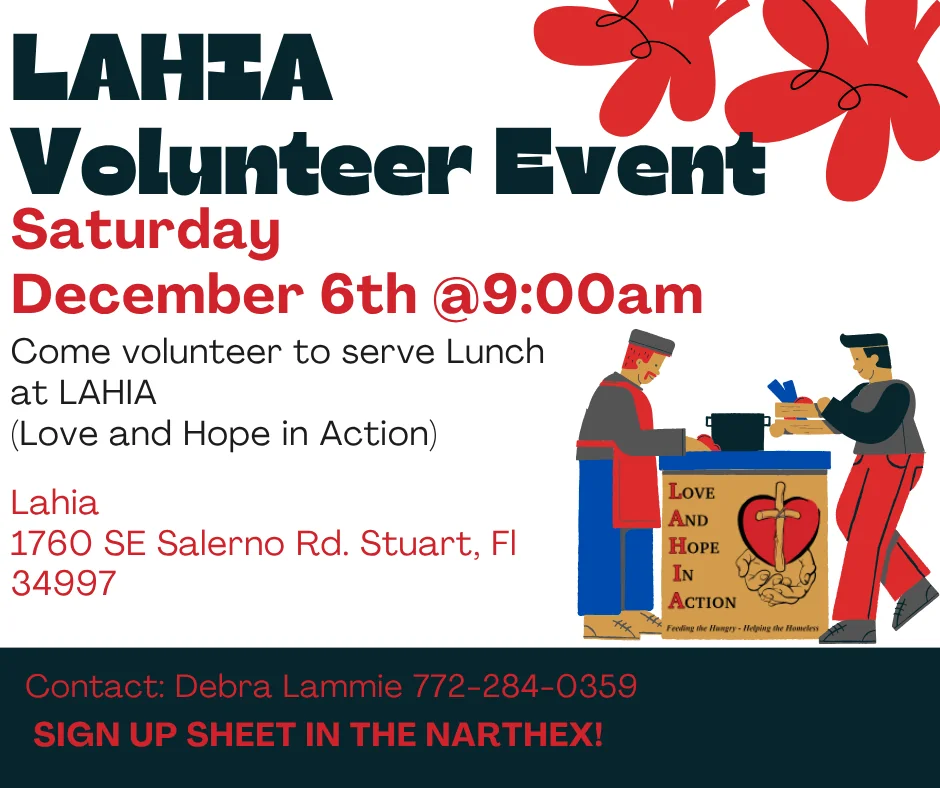 Flyer for LAHIA Volunteer Event on Saturday, December 6th at 9:00am with details to serve lunch at LAHIA, 1760 SE Salerno Rd, Stuart, FL, and contact info for Debra Lammie.