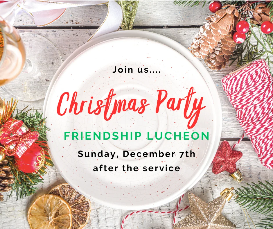 Christmas party invitation on a white plate with festive decorations including pine cones, dried citrus, ribbons, and ornaments on a wooden table.