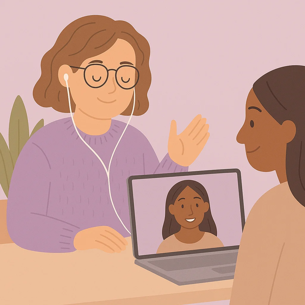 Illustration d’une séance de sophrologie en visio avec la sophrologue guidant sa cliente.