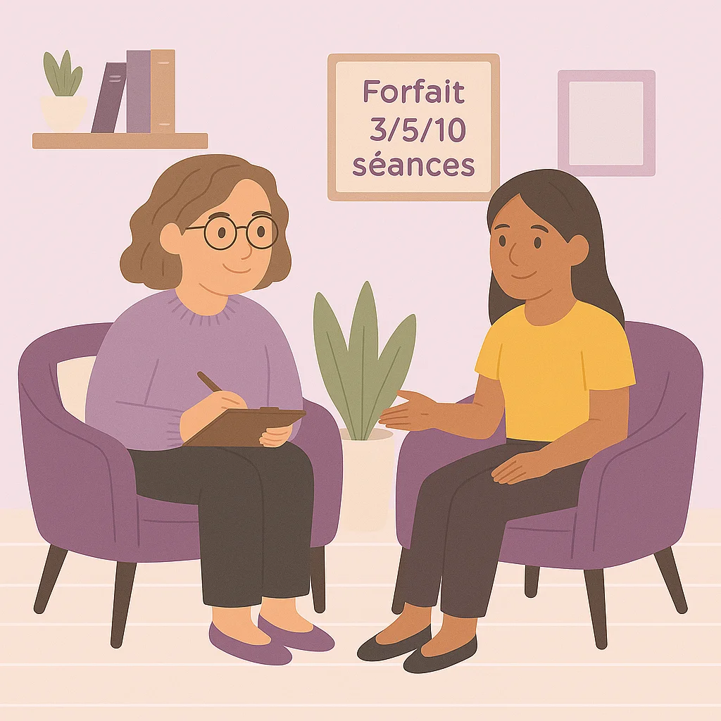 Illustration d’une séance de sophrologie : Fanny, sophrologue, échange avec une cliente dans un cadre apaisant, avec un panneau indiquant “Forfait 3/5/10 séances”.