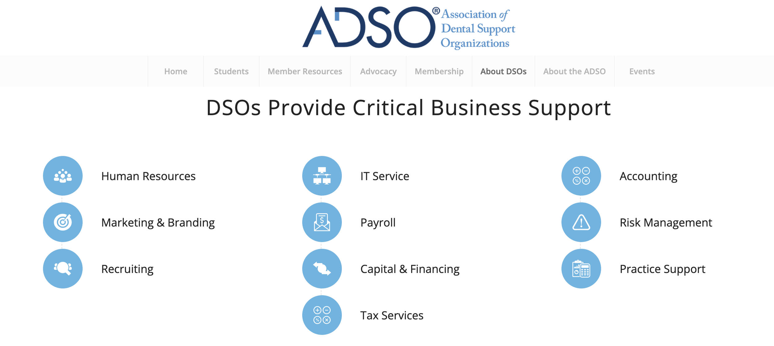 Resources offered by a DSO such as Human Resources, IT service, payroll, and accounting.