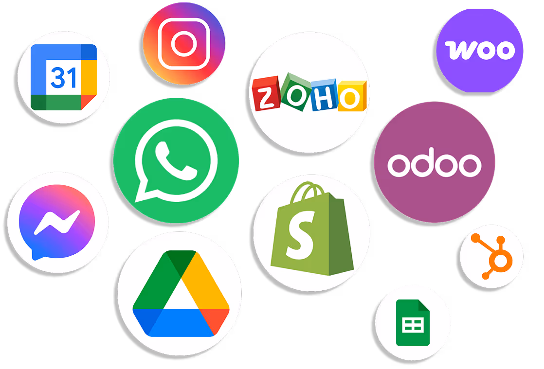 Logos de integraciones de Peaking con WhatsApp, Instagram, Odoo, Shopify, Google Calendar, Zoho, HubSpot y más