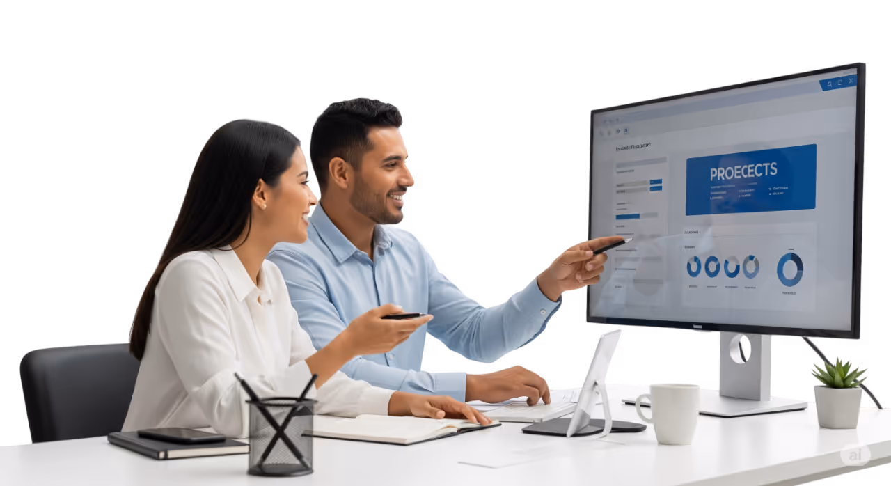 Profesional usando Prompt Studio en laptop para personalizar agente de IA en oficina moderna