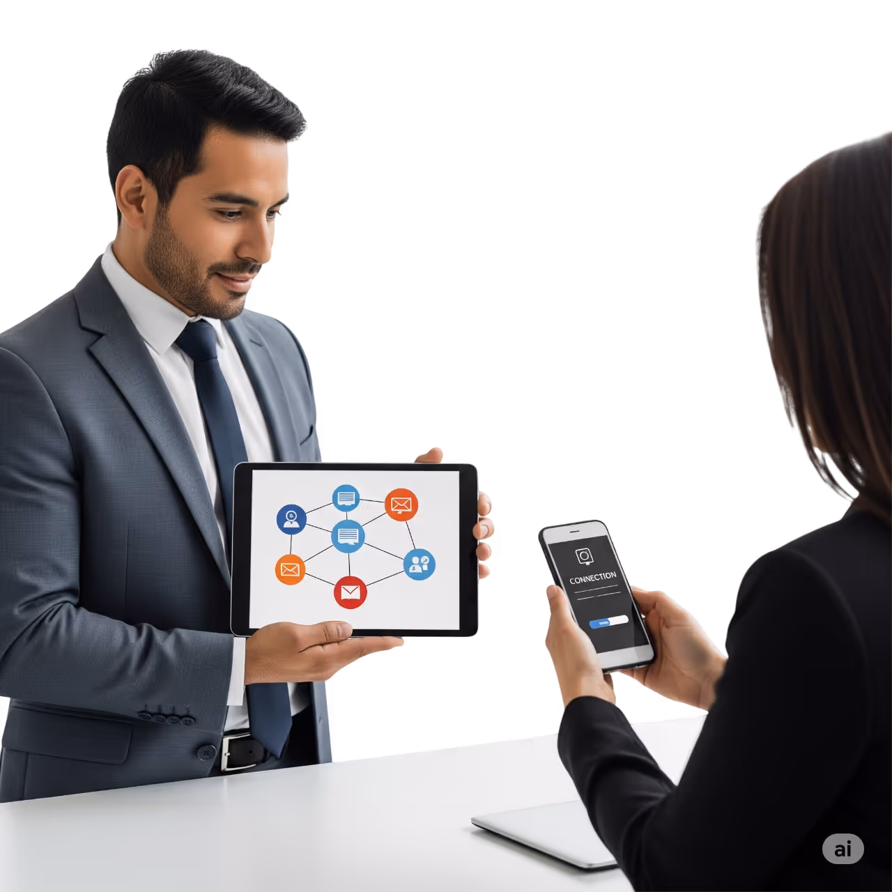 Ejecutivos revisando integraciones de CRM, calendarios y canales Meta en tablet y smartphone