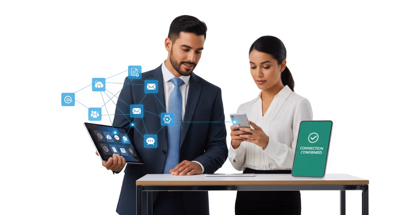 Ejecutivos revisando integraciones de CRM, calendarios y canales Meta en tablet y smartphone