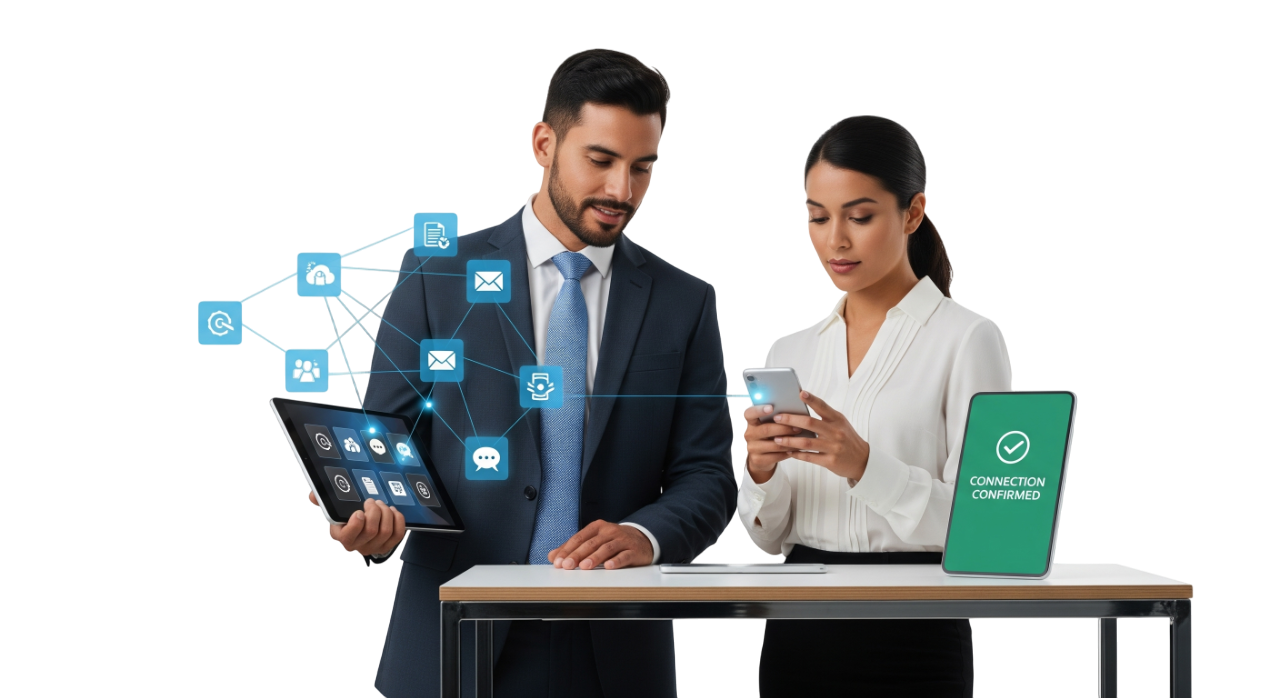 Ejecutivos revisando integraciones de CRM, calendarios y canales Meta en tablet y smartphone