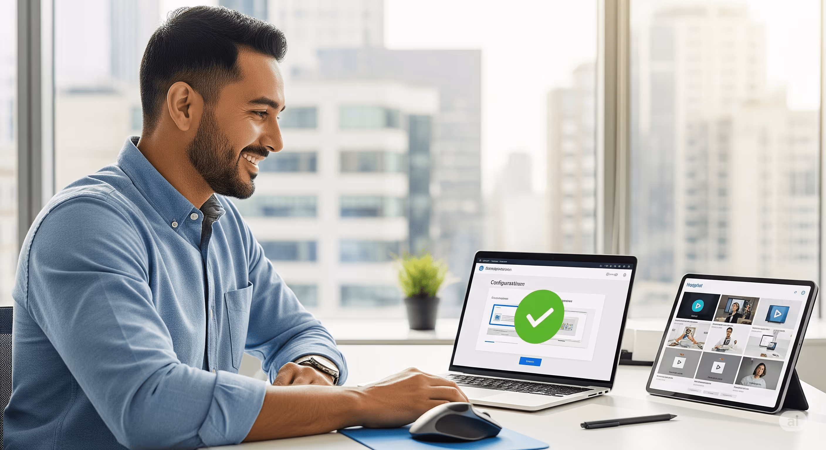 Usuario completando configuración rápida y accediendo a tutoriales en AI Manager
