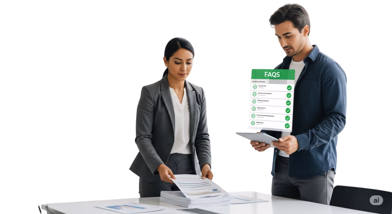 Profesionales entrenando un agente de IA con documentos y FAQs en pantalla y dispositivos