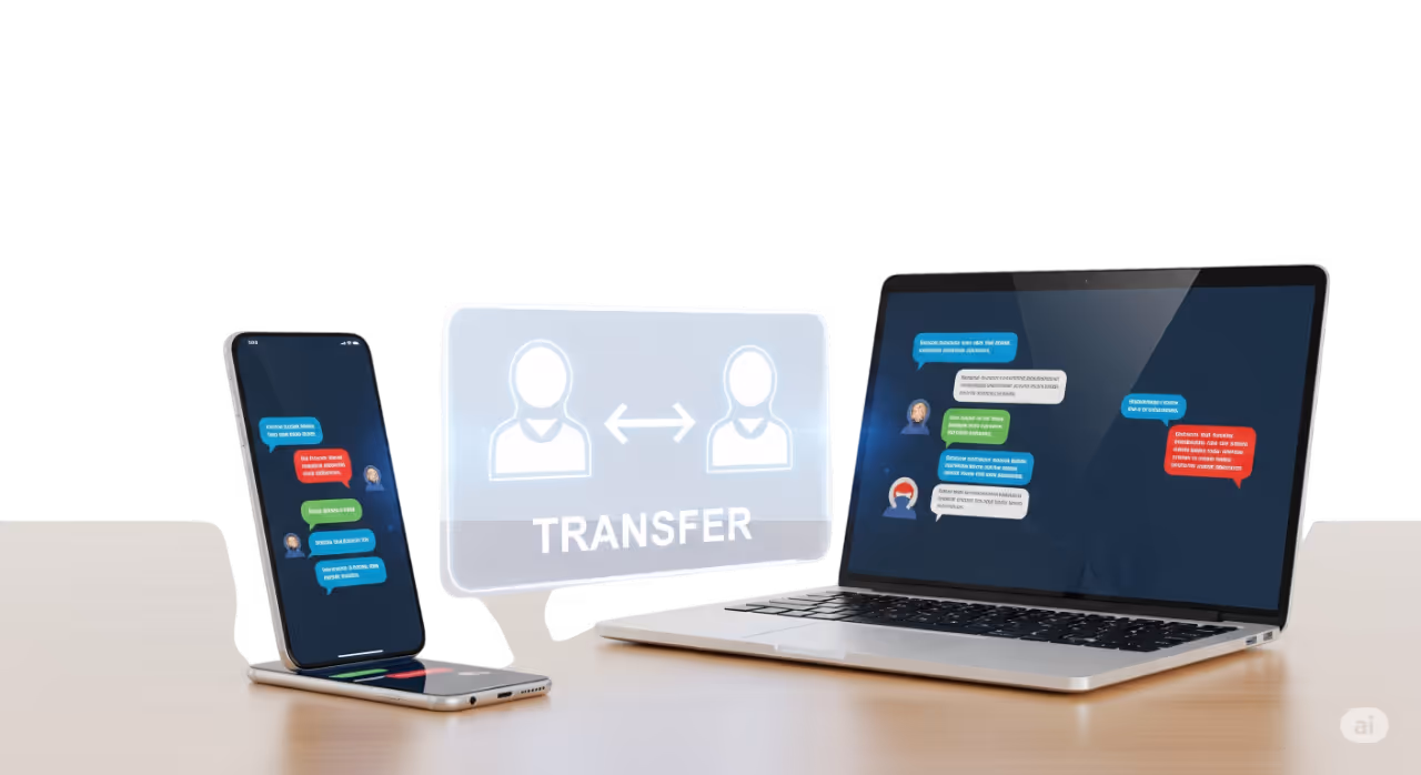 Smartphone y laptop mostrando transferencia de conversación de agente IA a humano con íconos holográficos