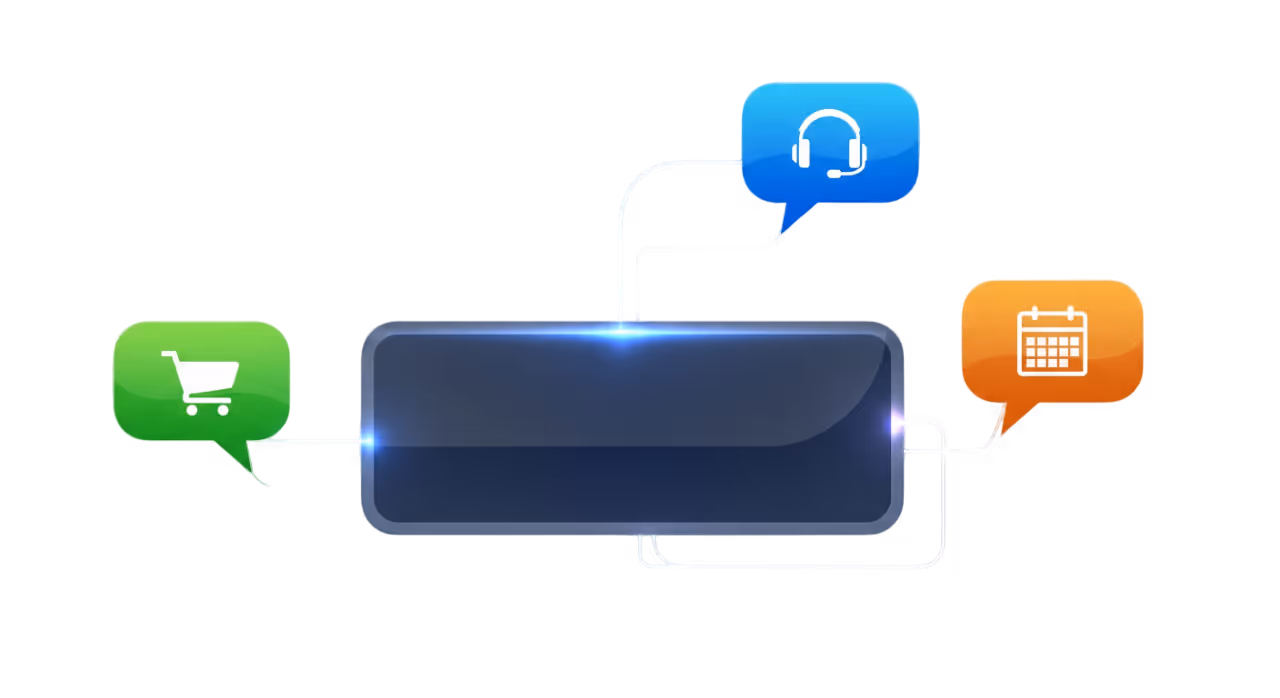 Dashboard con burbujas de chat conectadas a íconos de ventas, soporte y reservas que representan aplicaciones prácticas en Prompt Studio
