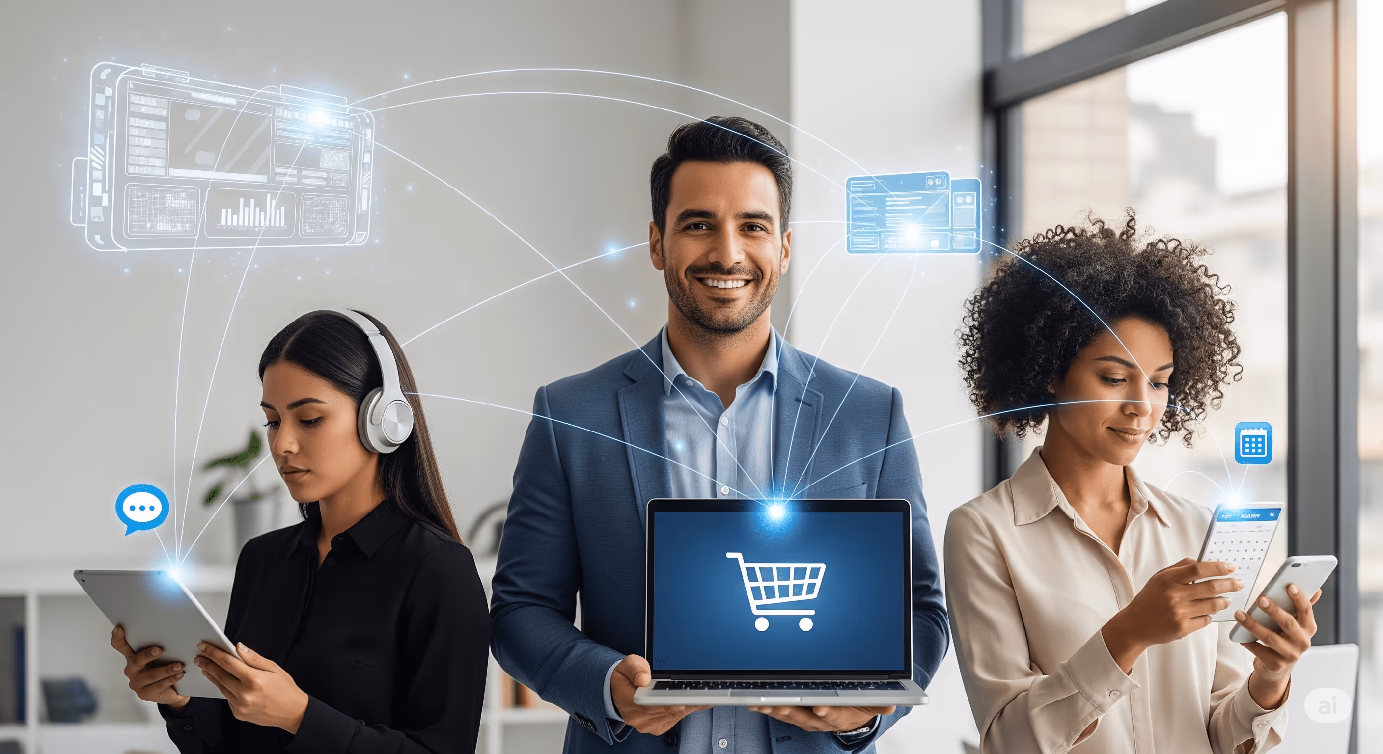 Dashboard con burbujas de chat conectadas a íconos de ventas, soporte y reservas que representan aplicaciones prácticas en Prompt Studio