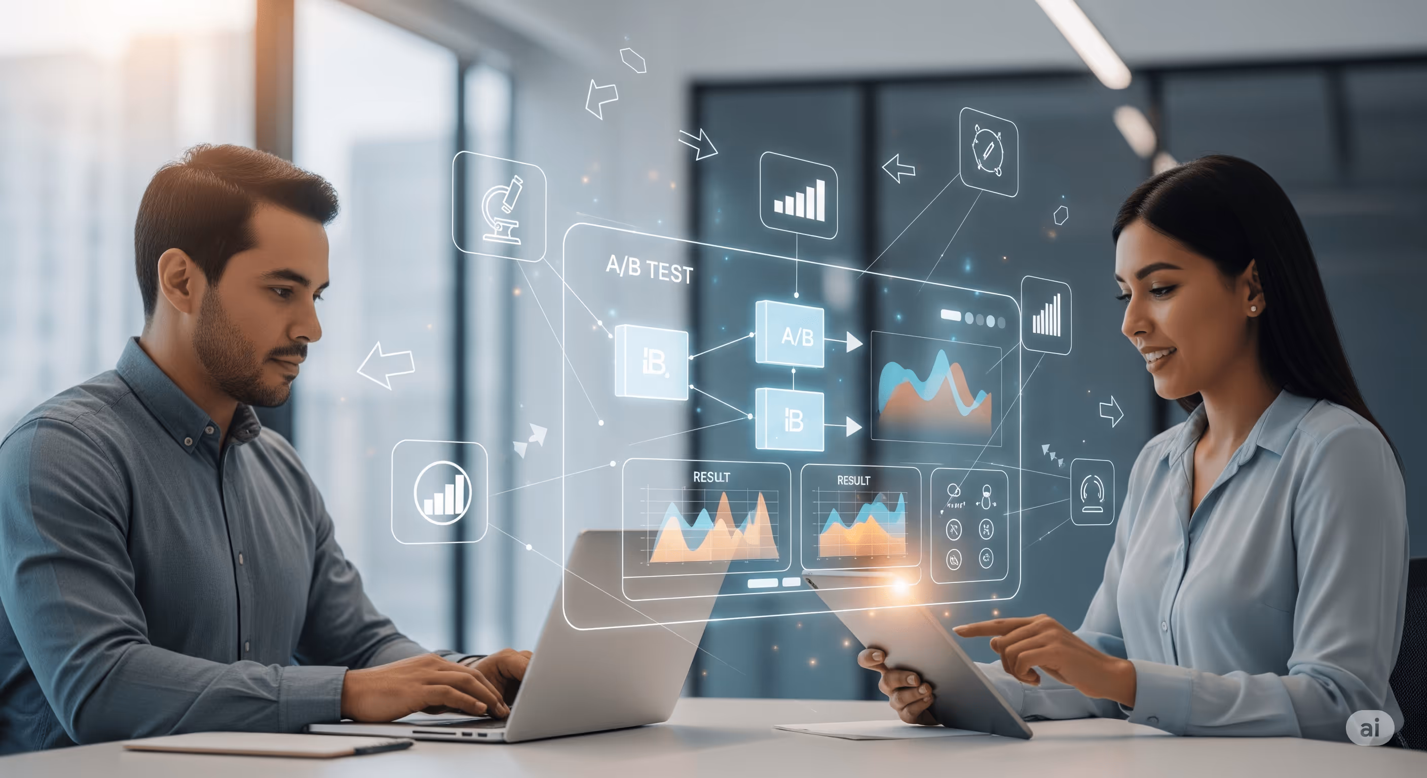Profesionales analizando un dashboard con pruebas A/B, gráficos y microscopio que representan la mejora continua en Peaking Labs