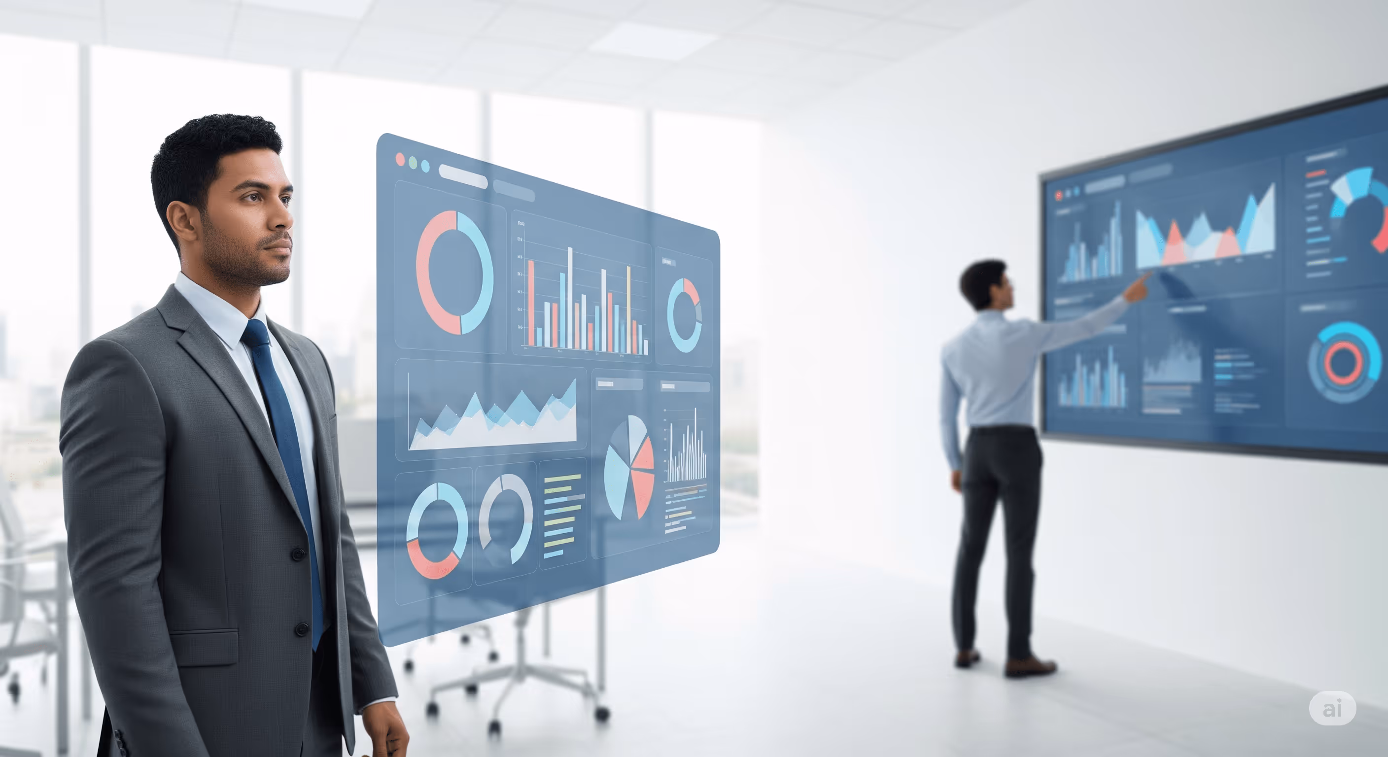 Profesionales analizando un dashboard con gráficos abstractos de barras y pastel que representan la toma de decisiones con Peaking Insights