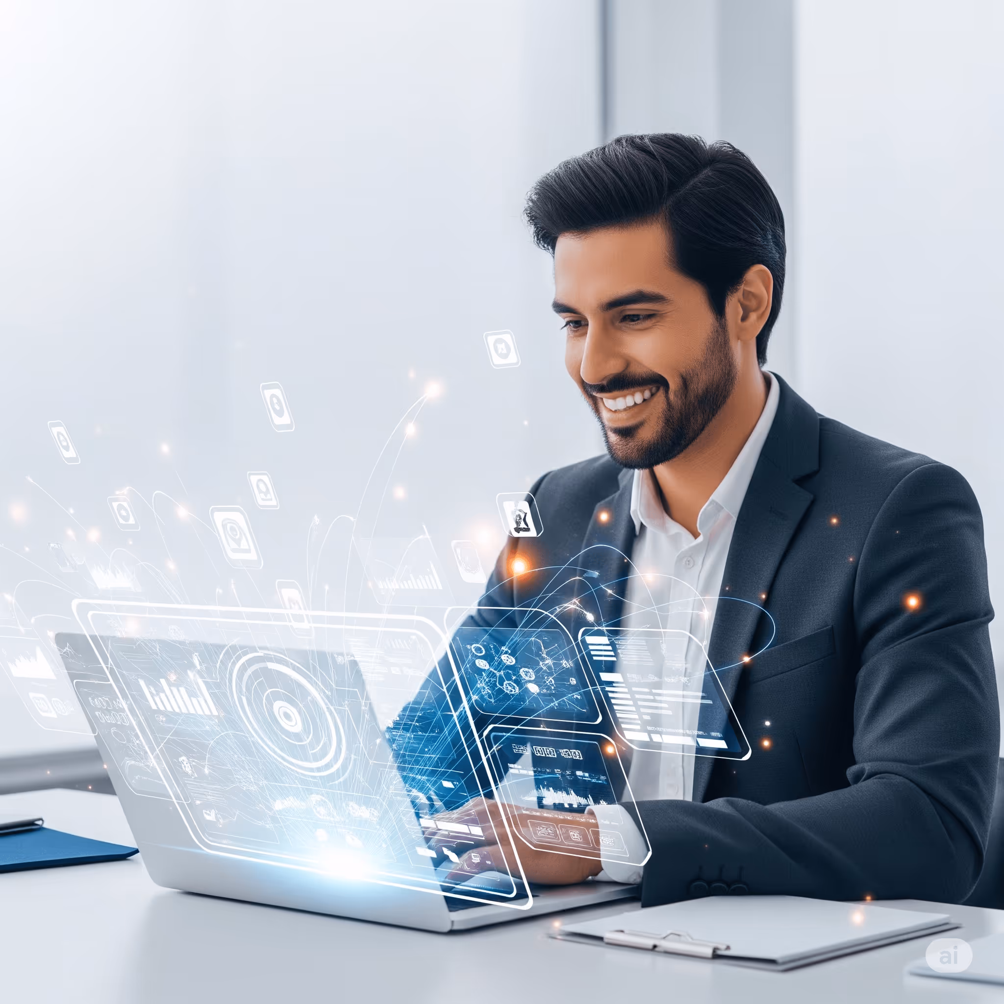 Profesional usando laptop con dashboard conectado a WhatsApp, Instagram, Messenger, Website, Odoo, Hubspot, Zoho y Data Catalogues representando las integraciones de Peaking