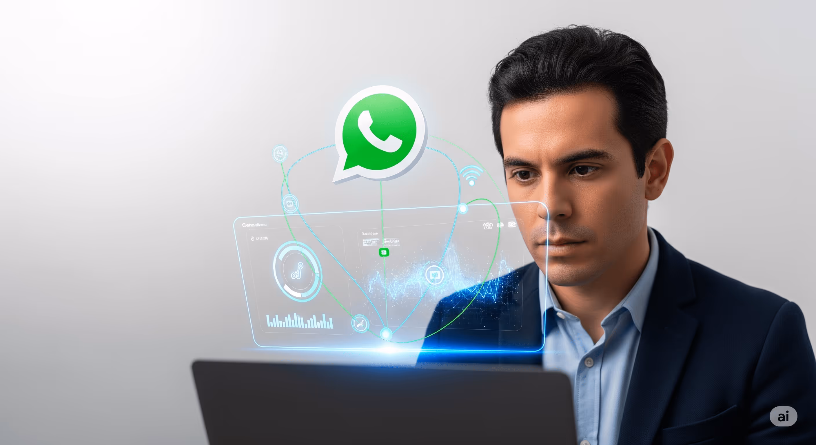 Profesional usando laptop con integración de WhatsApp en un dashboard digital de Peaking