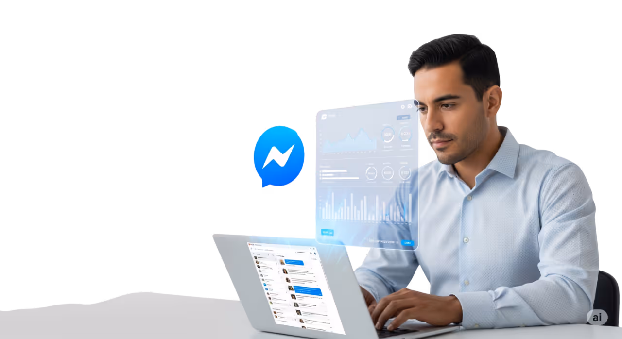 Ejecutivo atendiendo conversaciones de Messenger integradas en Peaking