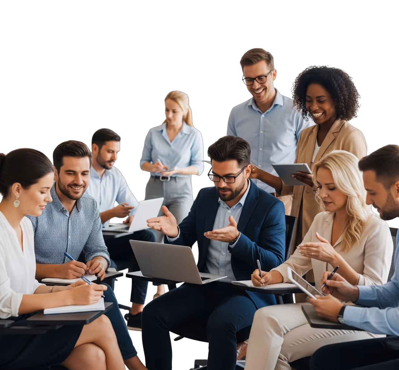 Ejecutivos revisando integraciones de CRM, calendarios y canales Meta en tablet y smartphone