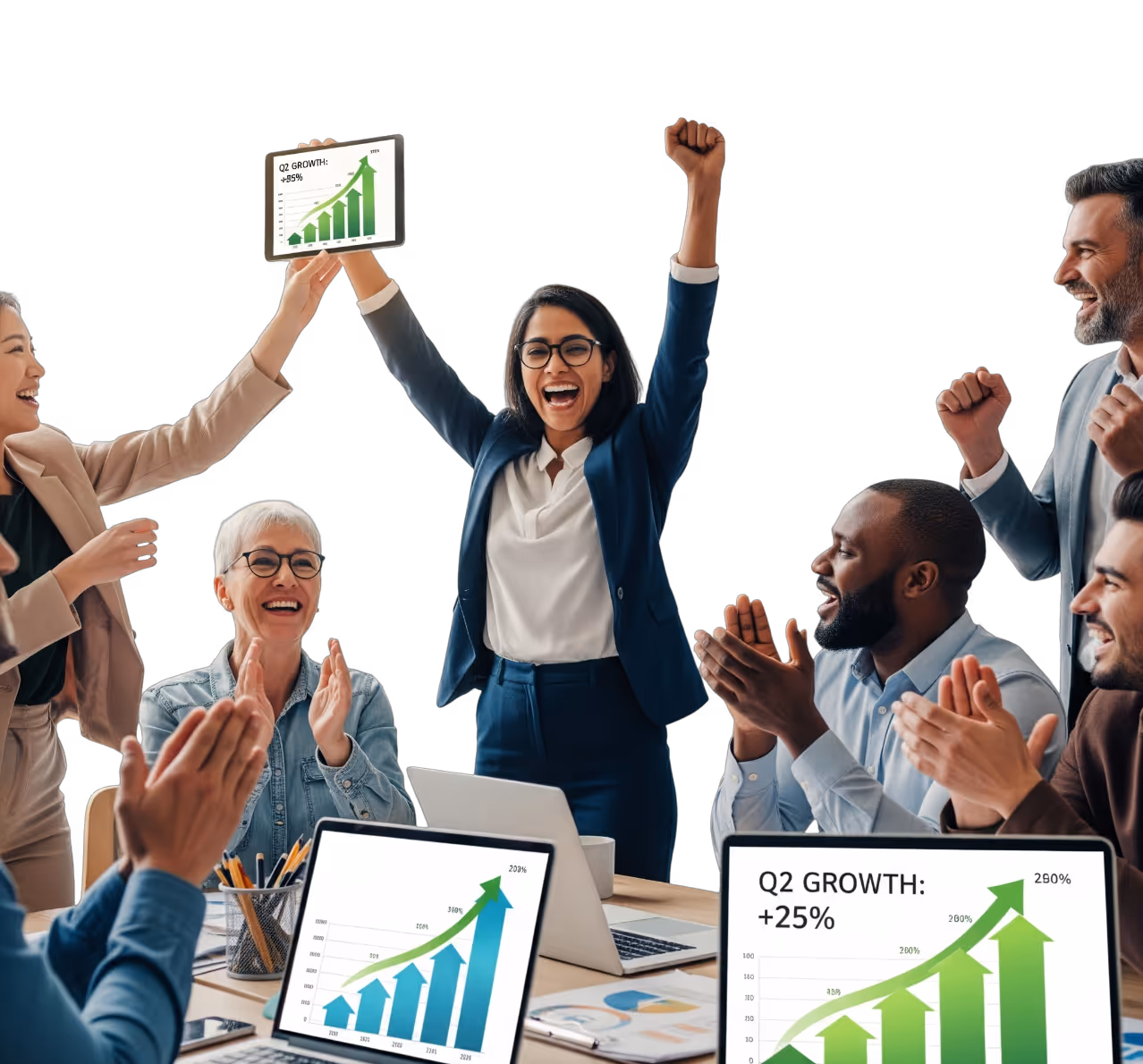 Partners de Peaking celebrando resultados y crecimiento conjunto, con gráficos ascendentes que simbolizan comisiones competitivas y éxito compartido.