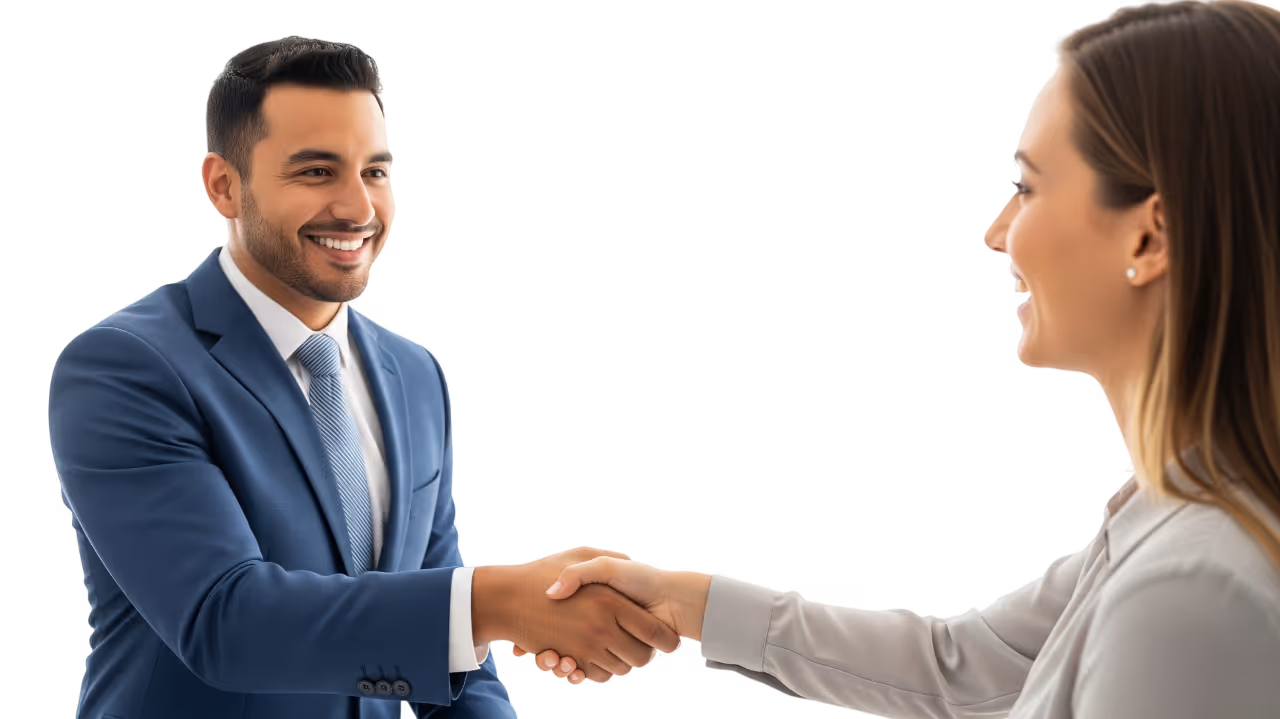 Agente inmobiliario cerrando trato con cliente satisfecho, fondo blanco