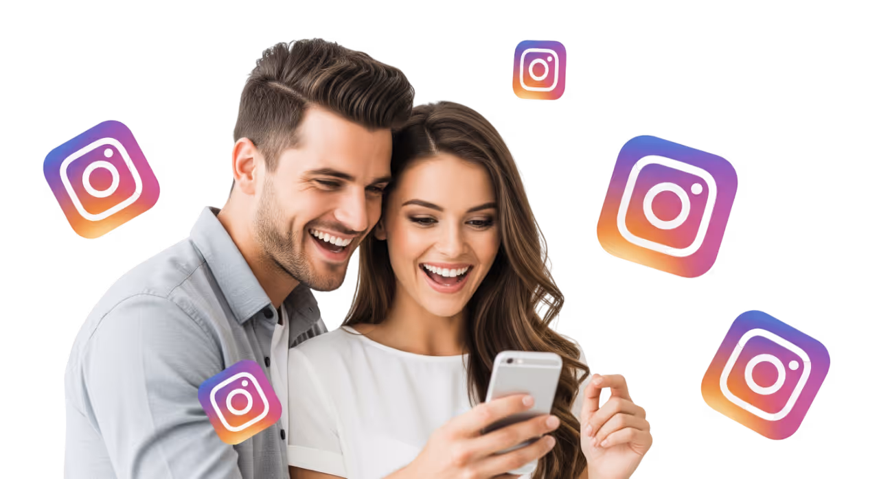 Pareja interesada en propiedades a través de Instagram con logo oficial.