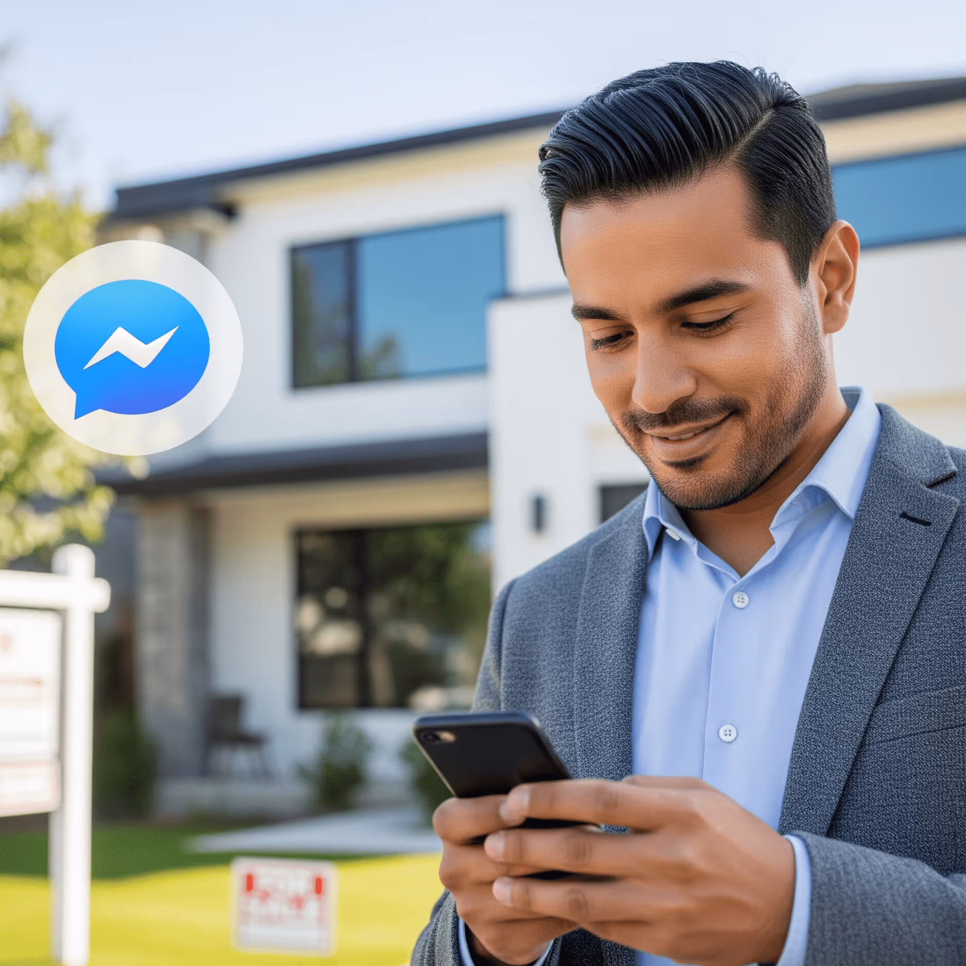 Cliente siendo atendido en Messenger con logo oficial.