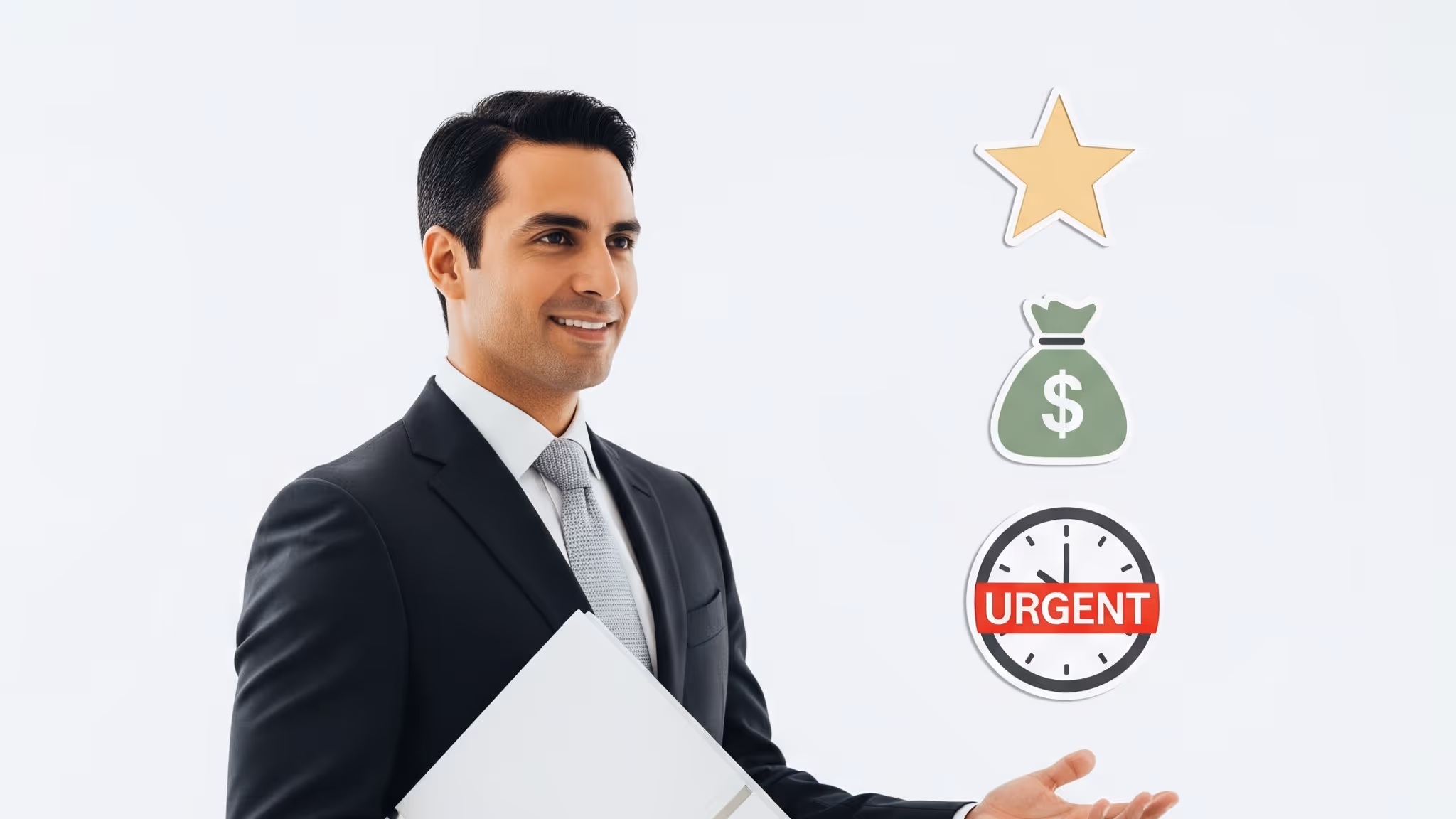 Agente inmobiliario priorizando leads con criterios de interés, presupuesto y urgencia, simbolizando calificación inteligente