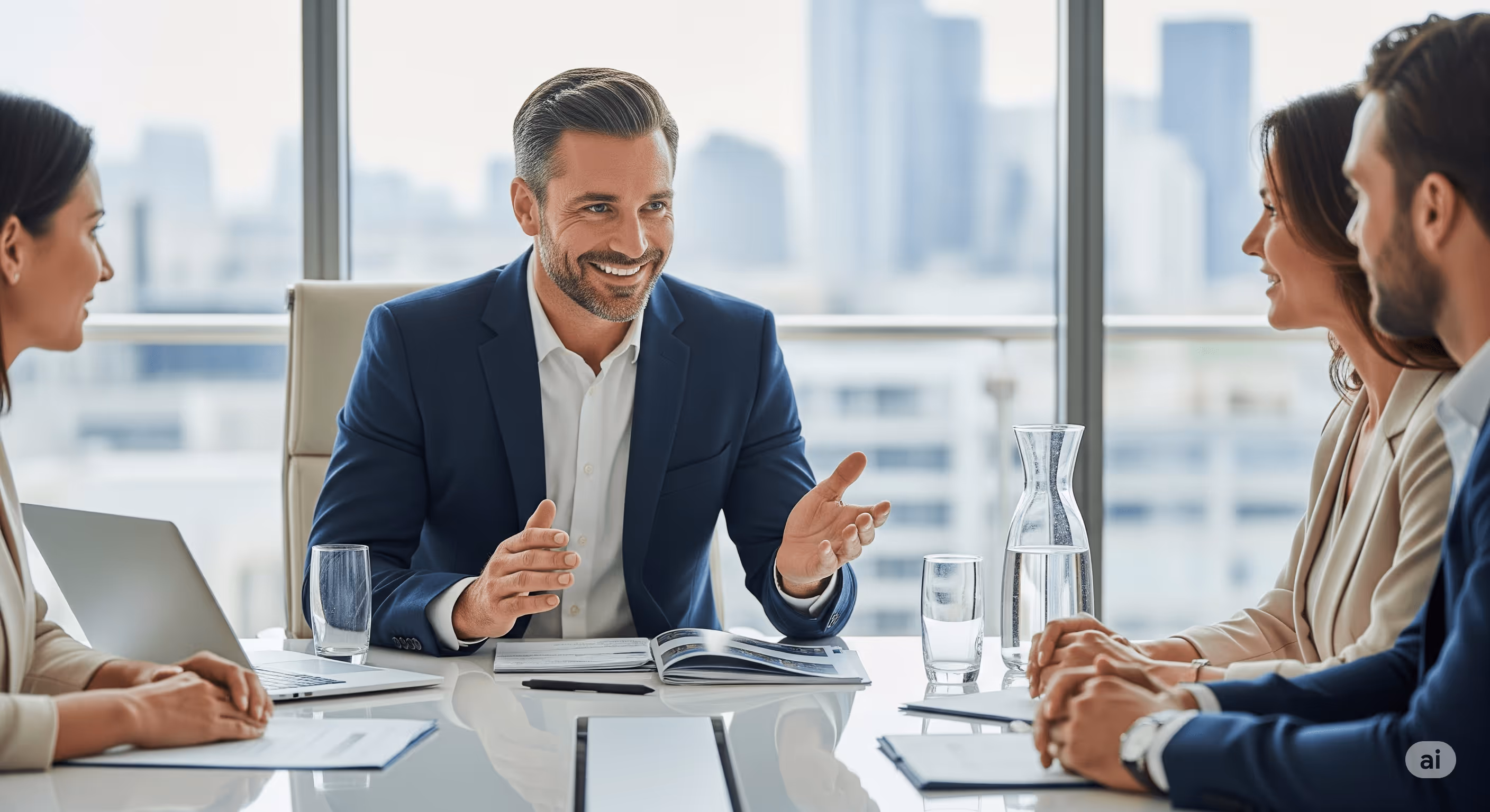 Agente inmobiliario interviniendo en conversación con clientes, mostrando control humano y confianza