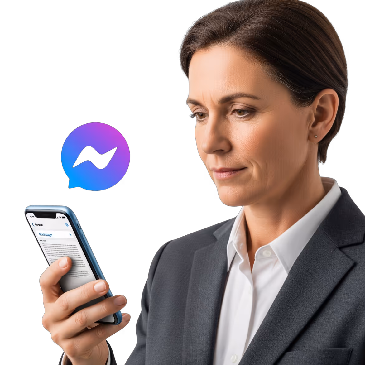 Profesional notarial brindando atención a clientes en Messenger con tono formal y accesible