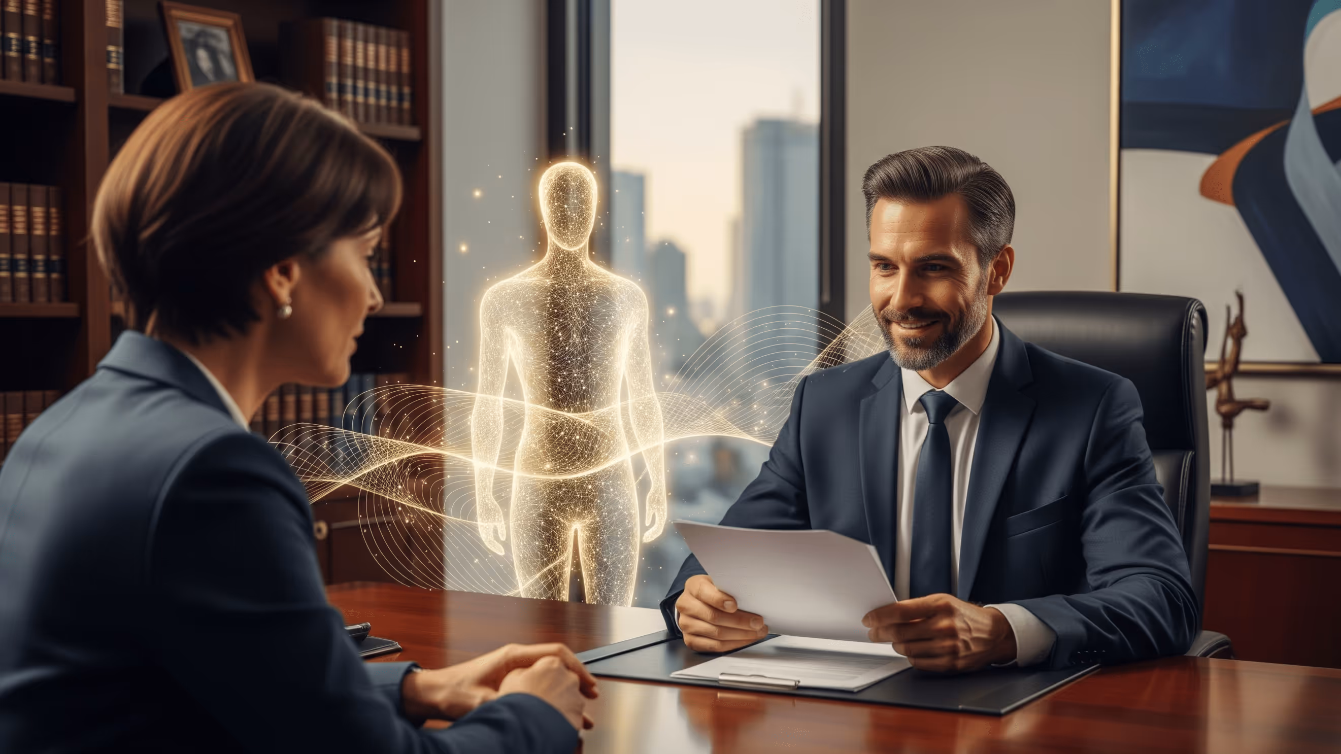Abogado con apoyo de Peaking atendiendo clientes con confianza y eficiencia en despacho legal.
