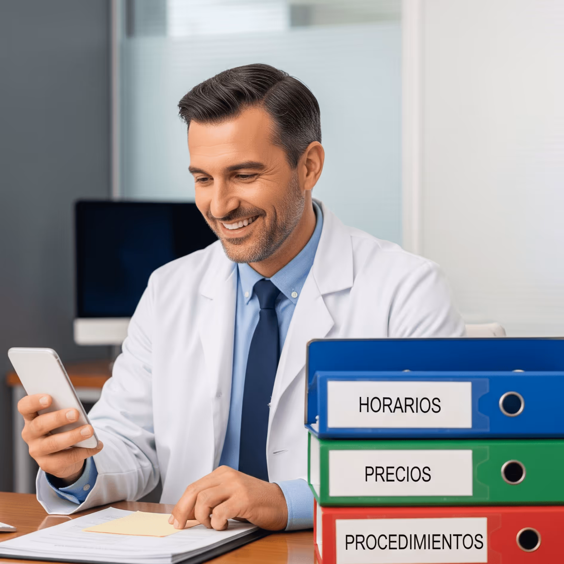 Doctor sonriente con dispositivo móvil, identificando consultas médicas con Peaking en su consultorio.