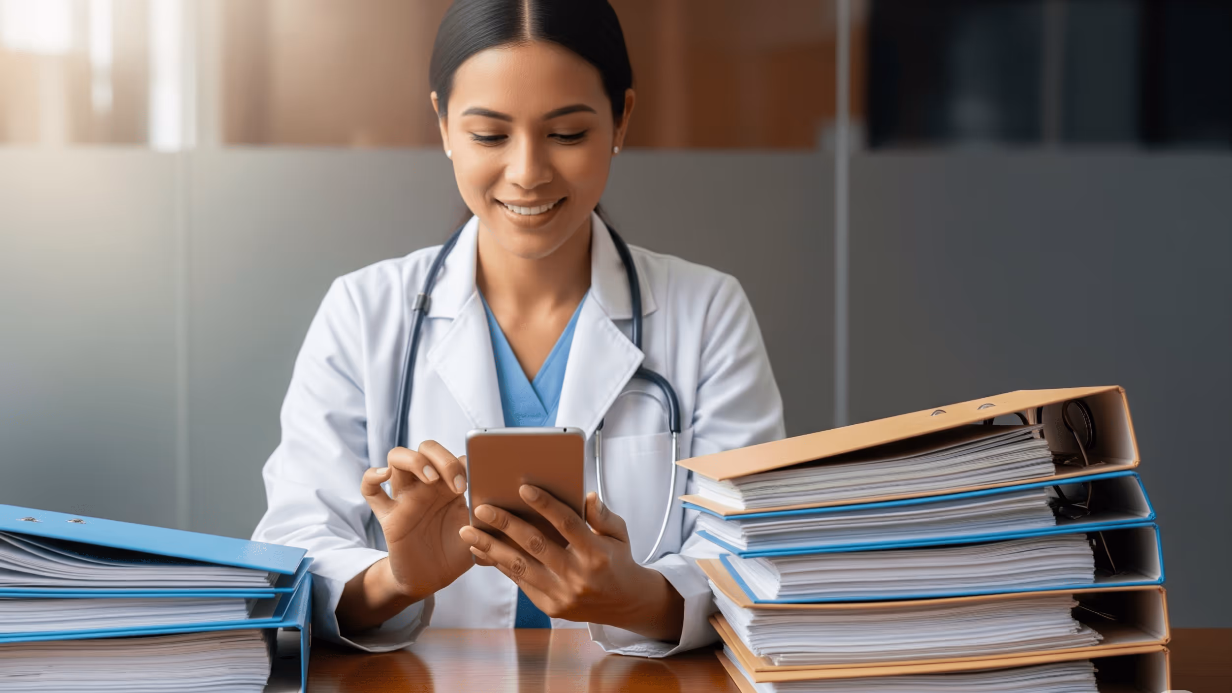 Doctora feliz clasificando consultas médicas con apoyo de Peaking, enfocada en pacientes que requieren atención.