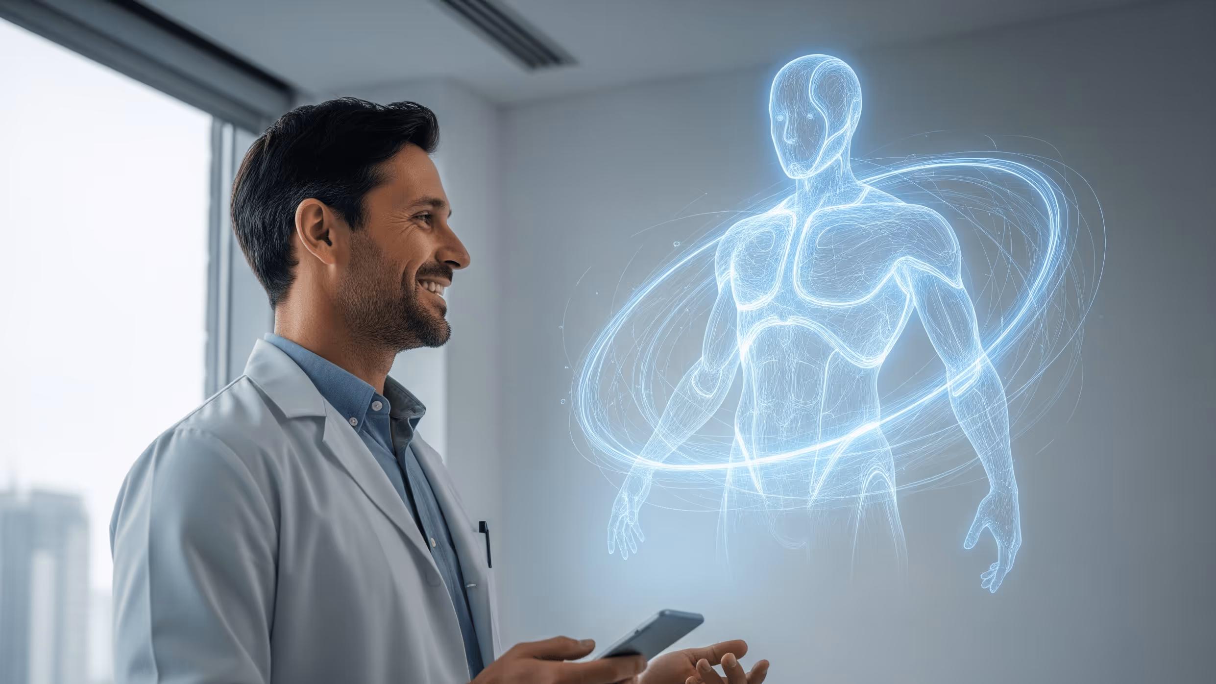 Médico creando flujos de atención médica fácilmente con AI Builder de Peaking.