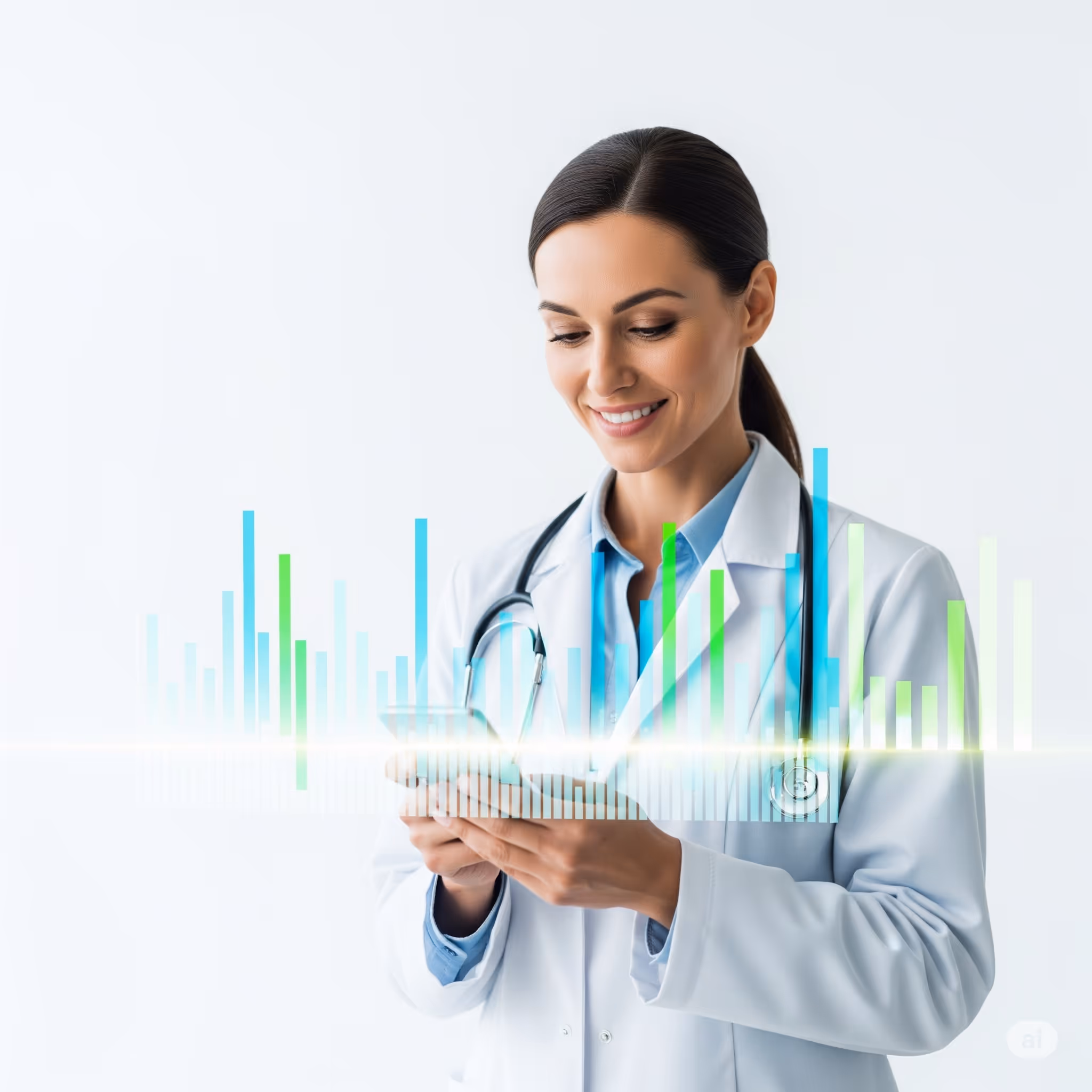 Doctora usando Peaking para obtener métricas claras de pacientes y consultas médicas.