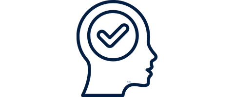 Outline of a human head with a checkmark inside a circle representing clear thinking or decision making.