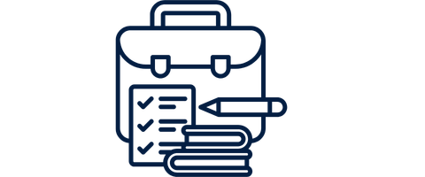 Icon of a briefcase with a checklist, pencil, and two stacked books in front.