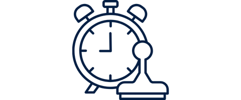 Line icon of a stopwatch with a stamp attached, symbolizing time tracking or approval.